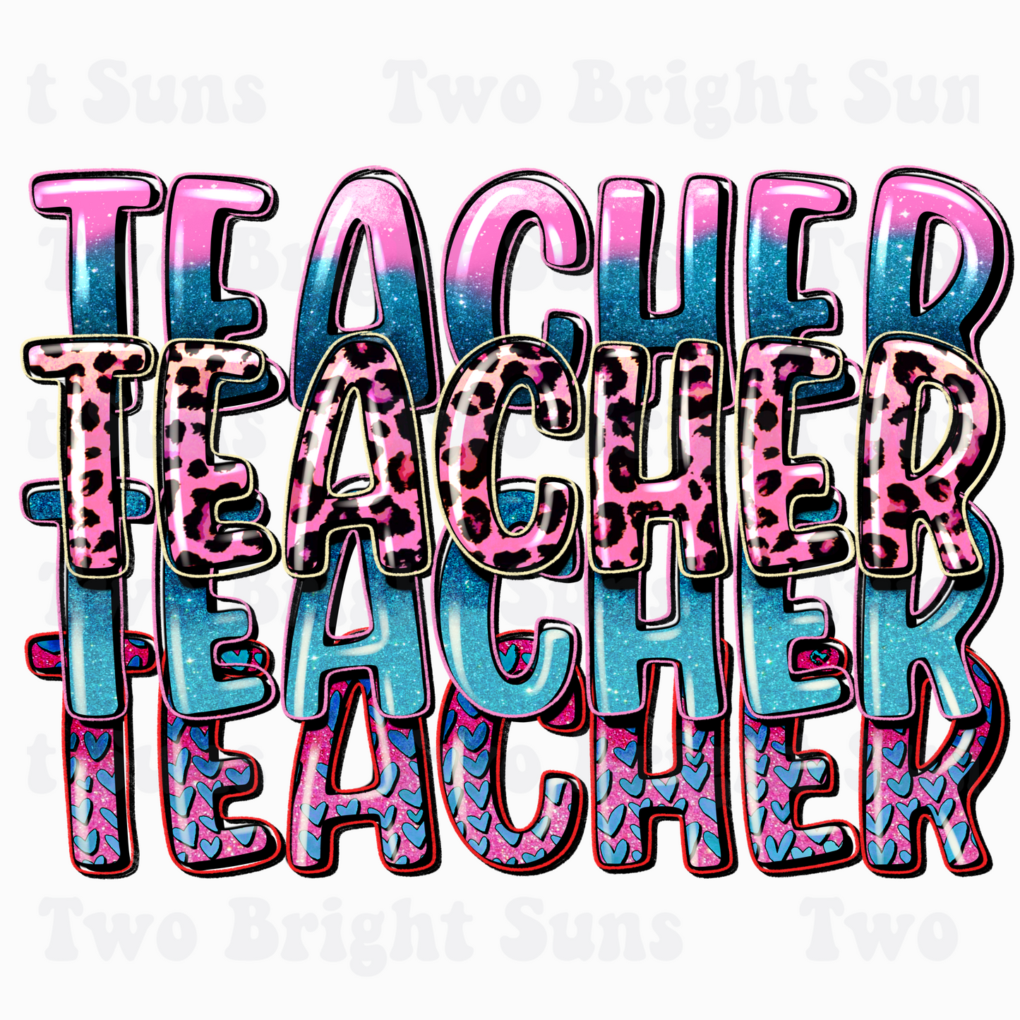 Glitter Leopard Purple Teal and Blue Hearts Teacher