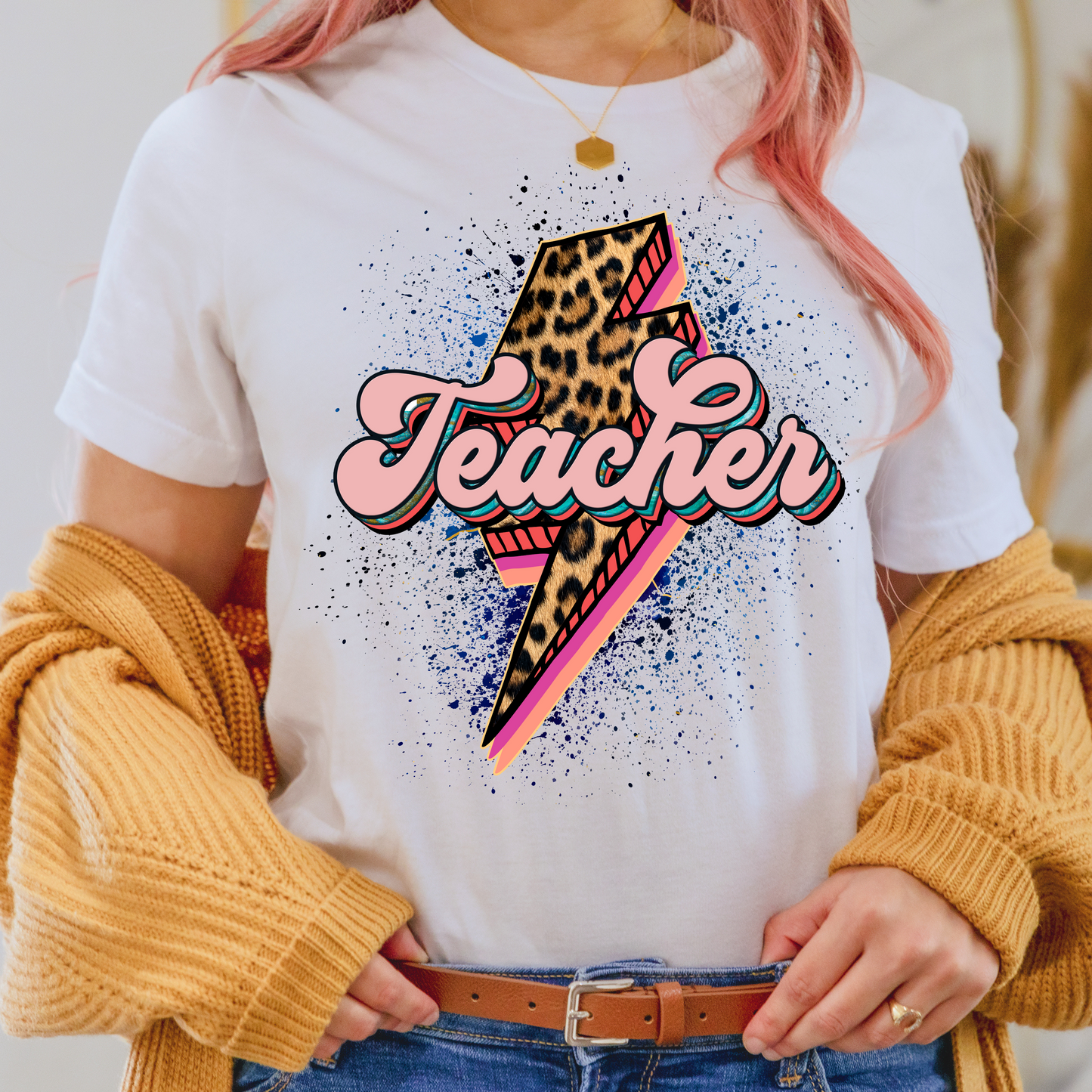 Retro Leopard Lighting Bolt Teacher Splatter