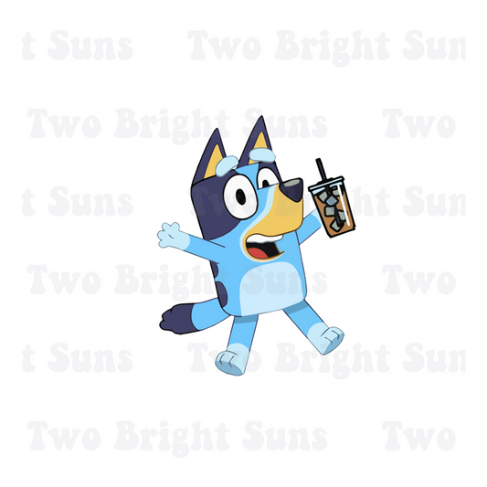 Bluey with Iced Coffee in the hand