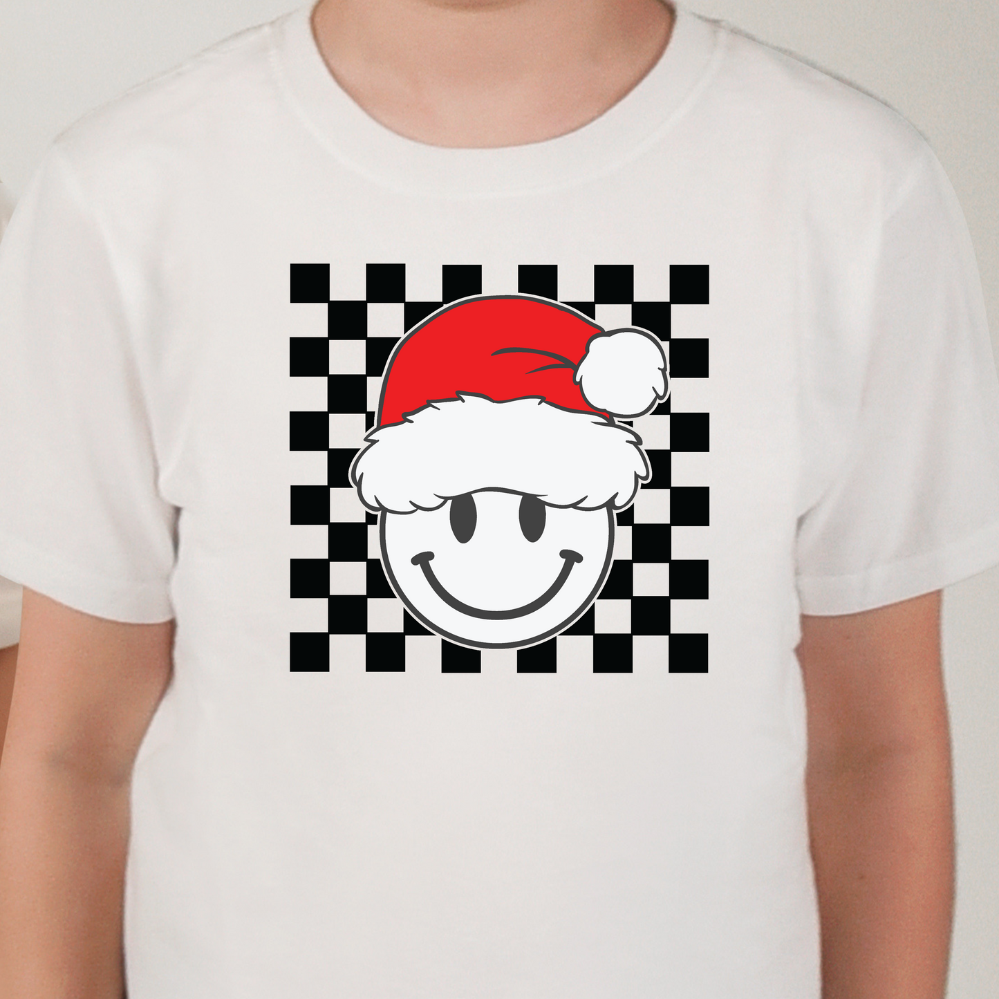 Checkered Smiley Face with Santa Hat